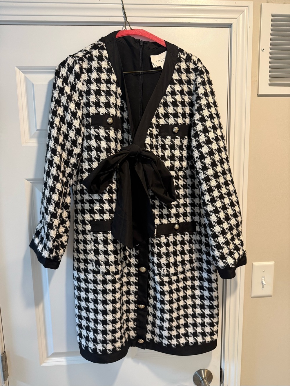 Pomander Place Black and White Houndstooth Tie-Front Blazer